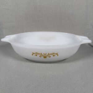 Vintage Glasbake J2274 1QT Casserole Dish Gold White Milk Glass Oval Small Nicks